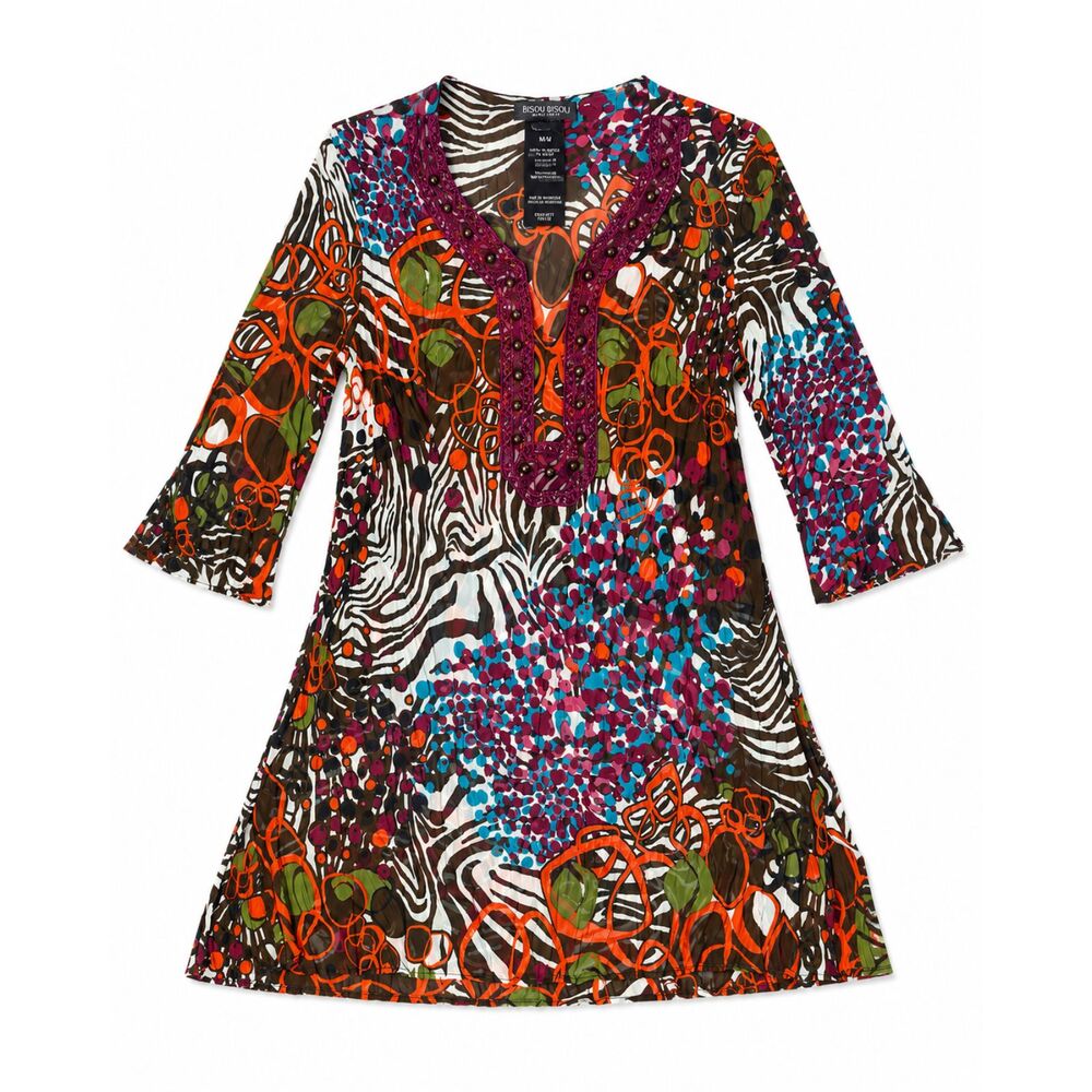 Bisou Bisou Michele Bohbot Women’s M Tunic Dress Boho Y2K 3/4 Sleeve